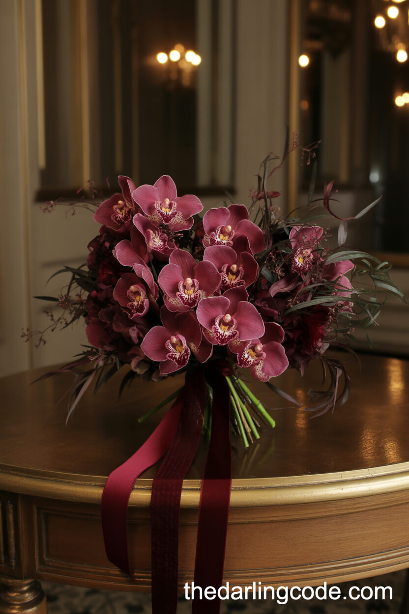 Luxurious Burgundy Orchid Bouquet With Velvet Ribbons