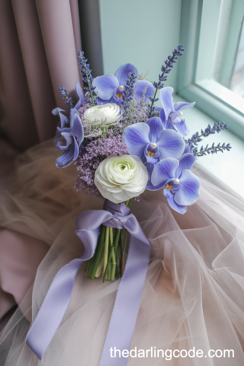 Whimsical Blue Orchid And Lavender Spring Wedding Bouquet
