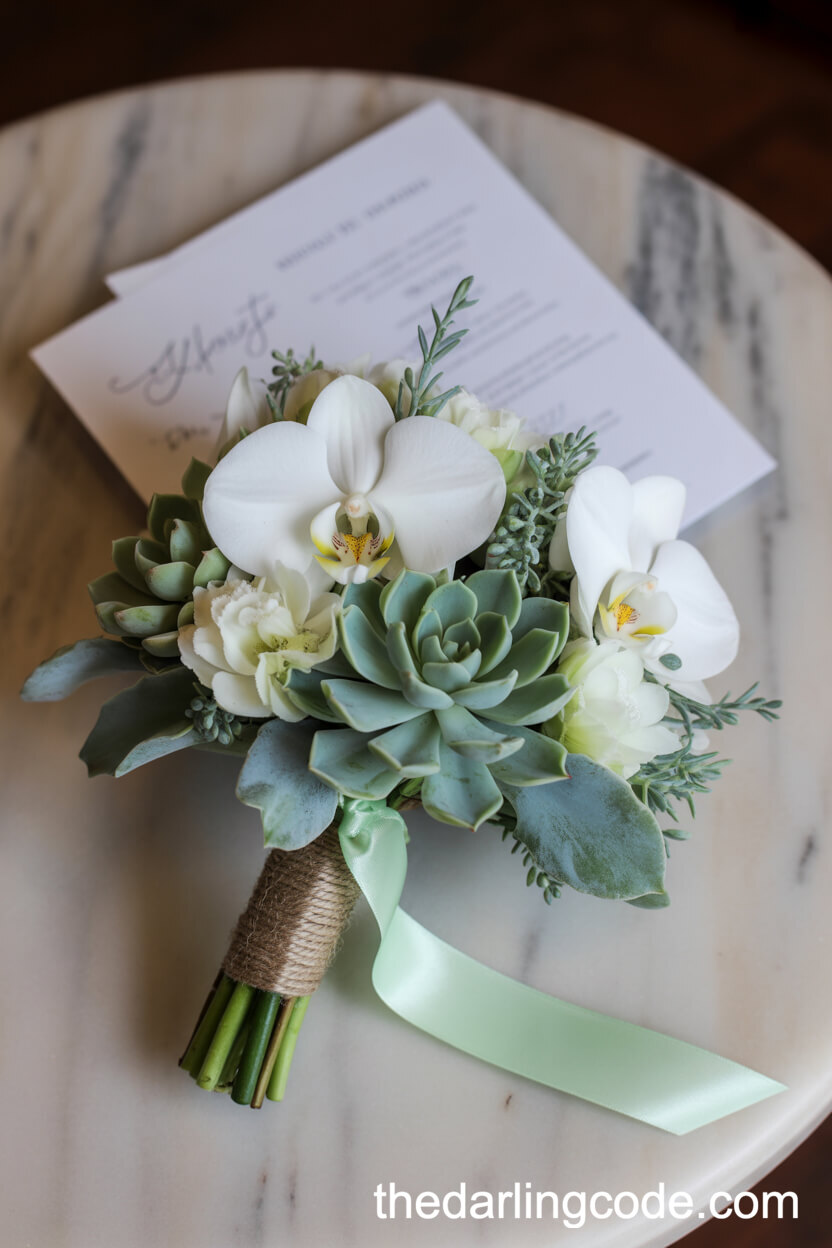 Unique Orchid And Succulent Bouquet With Dusty Miller