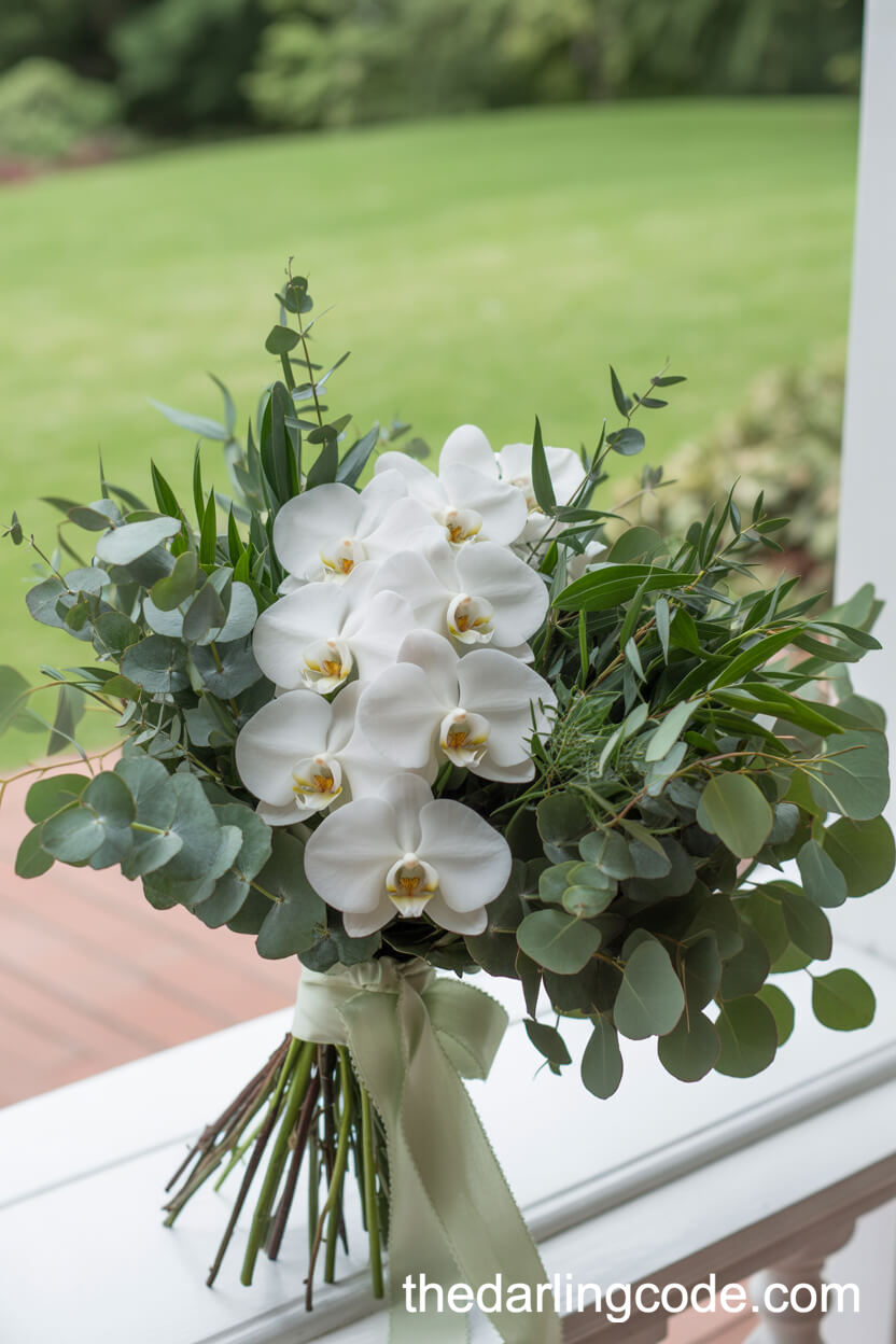 Fresh Greenery And White Orchid Porch Bouquet