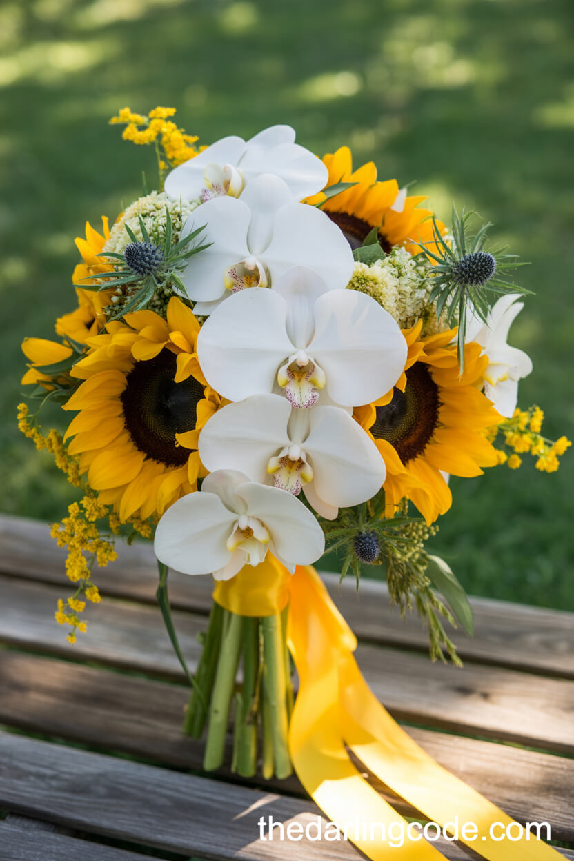 Sunflower And White Orchid Vibrant Summer Bouquet