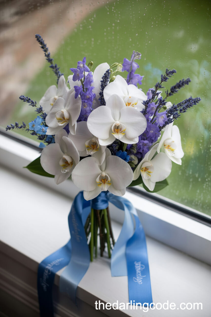 Classic White Orchid And Blue Delphinium Rainy Day Bouquet