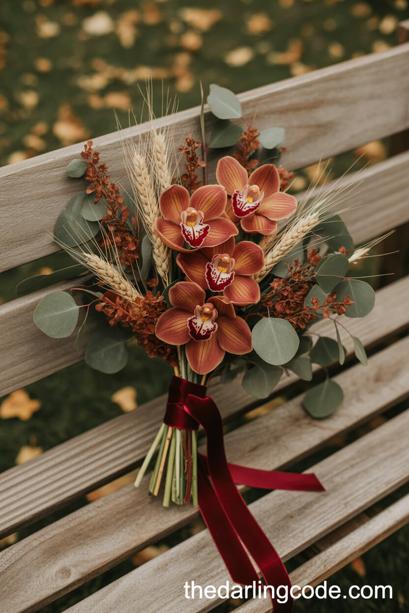 Rustic Autumn Orchid Bouquet With Wheat And Eucalyptus