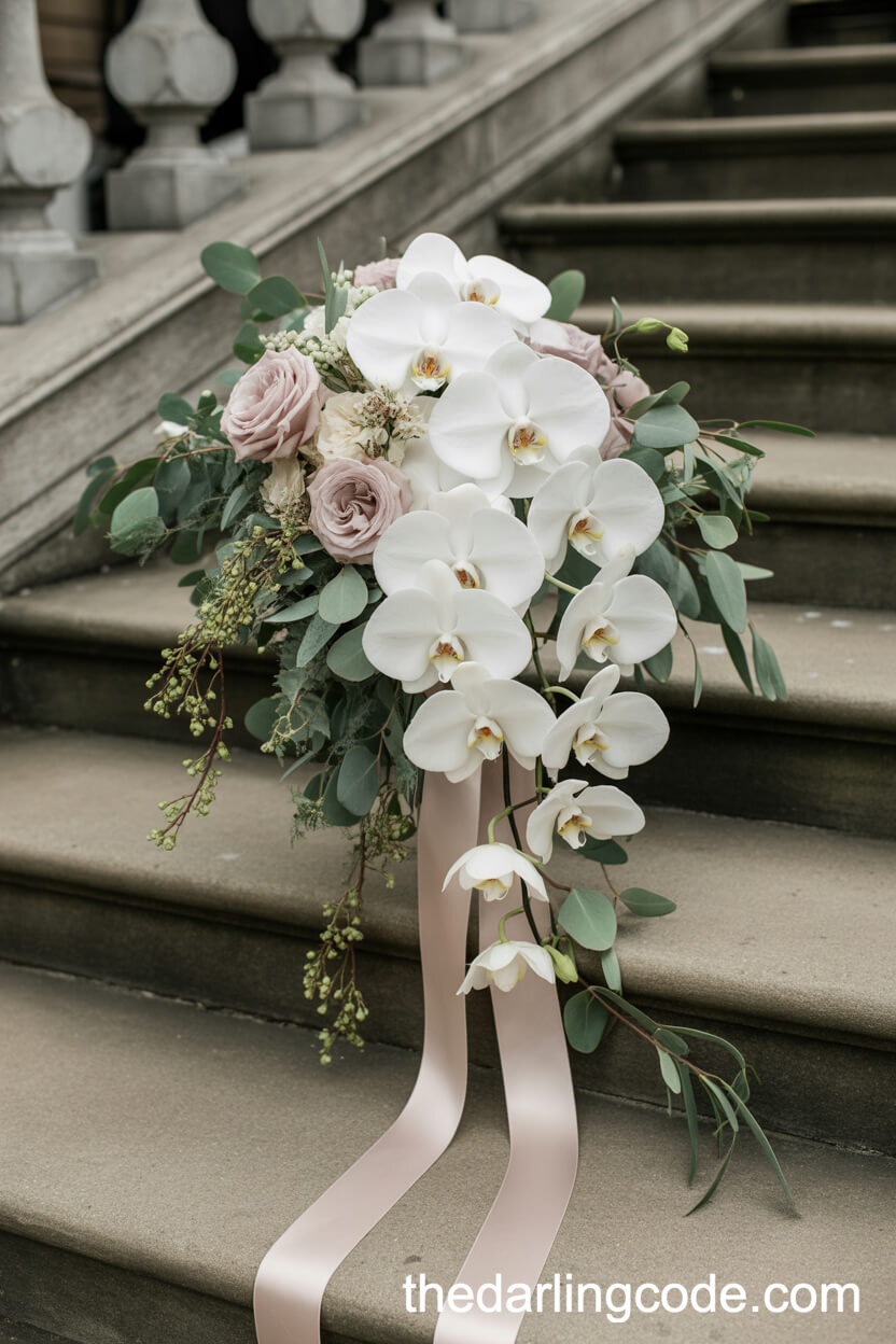 Cascading Blush And White Orchid Bouquet With Trailing Greenery