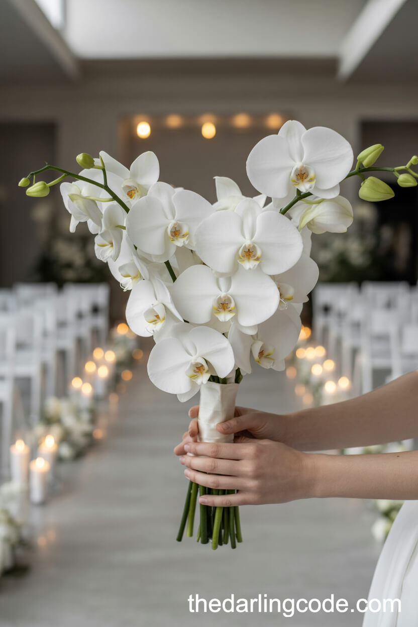 Minimalist All-White Orchid Bouquet With Green Accents
