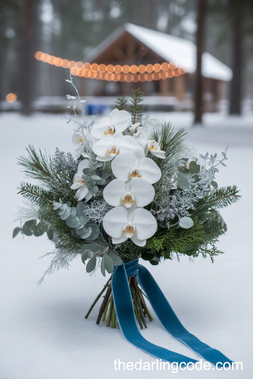 Winter White Orchid Bouquet With Silver Brunia And Pine