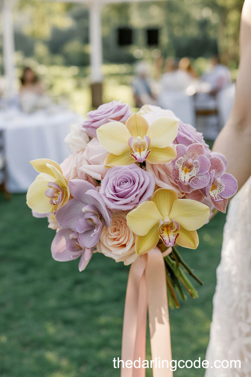 Pastel Orchid Bouquet With Roses For A Backyard Wedding