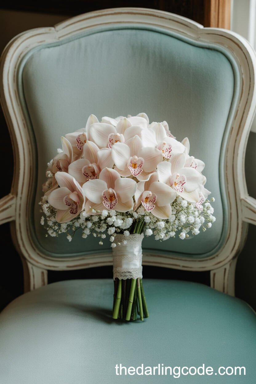 Vintage-Inspired Pale Blush Orchid And Baby’s Breath Bouquet