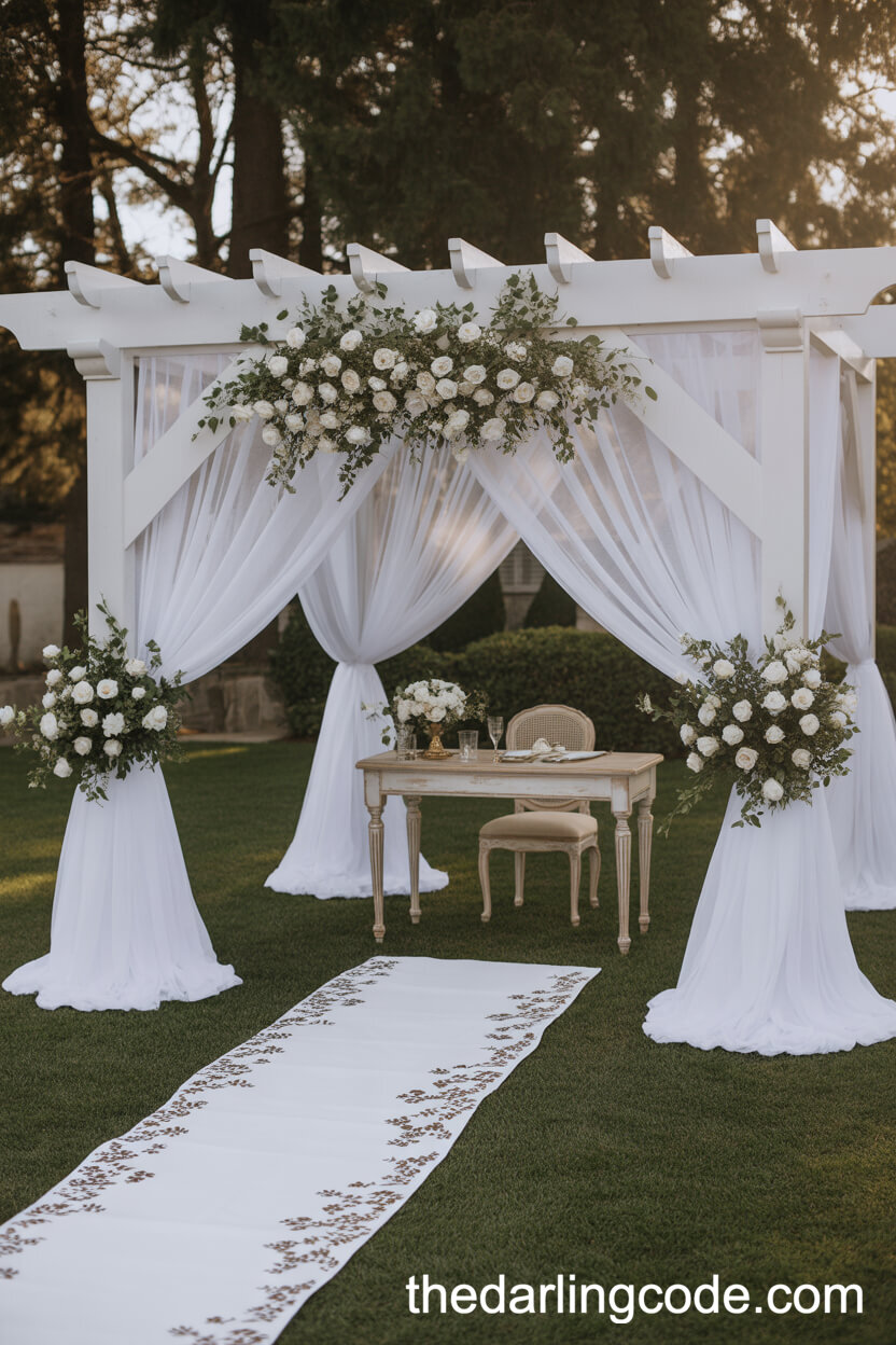 Pergola Ceremony With Flowing Fabrics And Roses