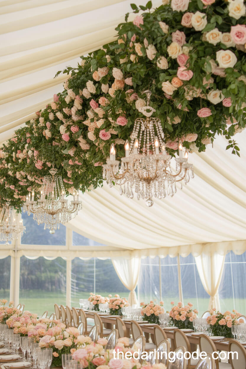 Floral Ceiling Installation In A Bright, Whimsical Tent