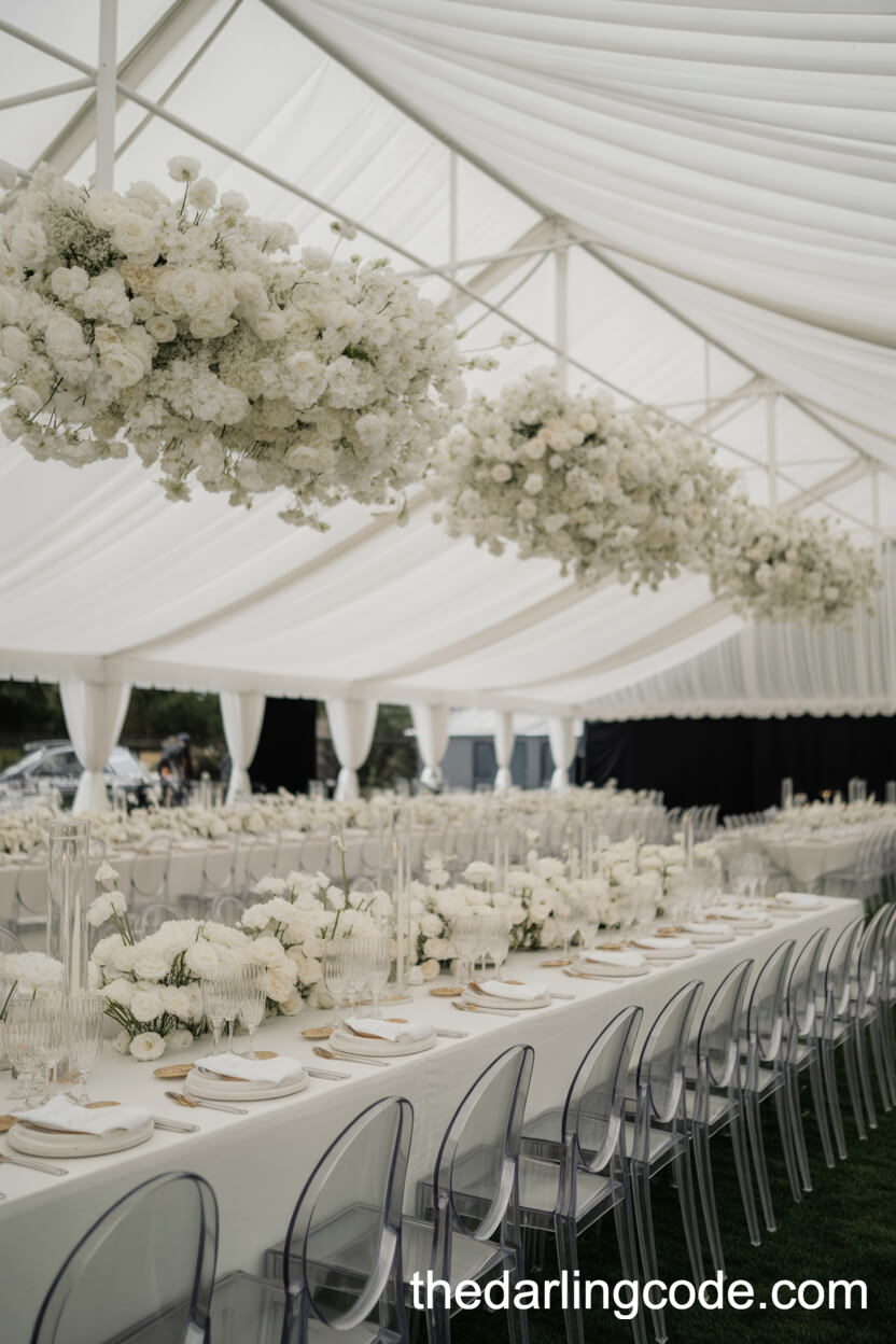 Minimalist All-White Tent Wedding With Hanging Arrangements
