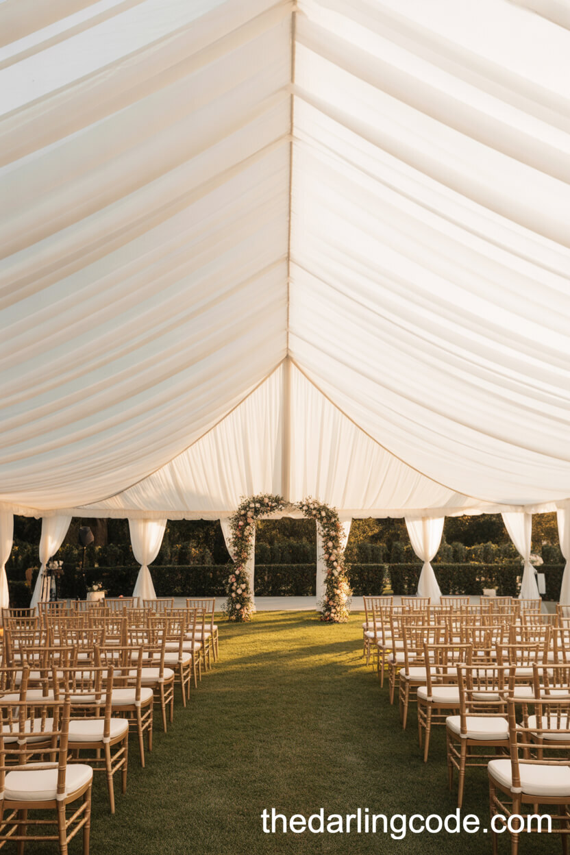 Garden Ceremony Tent With Gold Chiavari Chairs And Lush Floral Arch
