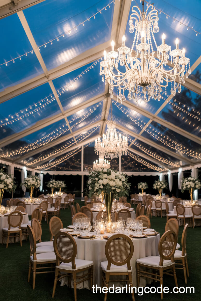 Opulent Nighttime Tent Reception With Fairy Lights And Chandeliers