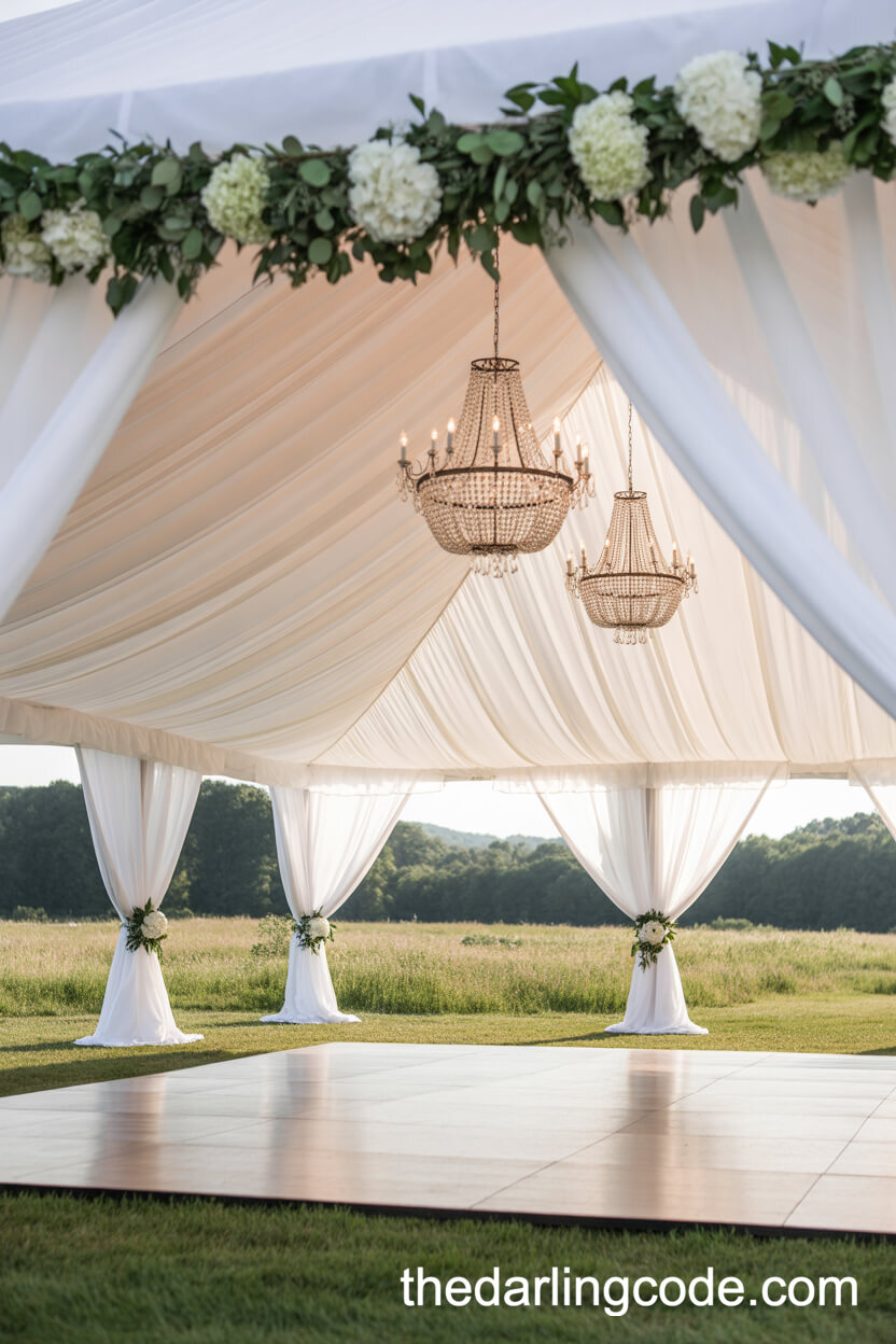 White Draped Wedding Tent With Chandeliers And Greenery