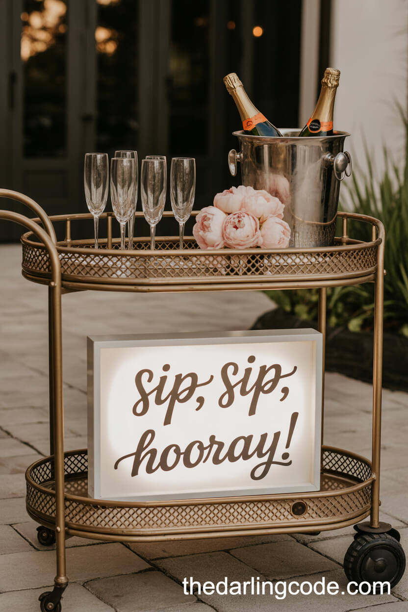 Vintage Gold Bar Cart With Crystal Flutes And Peonies