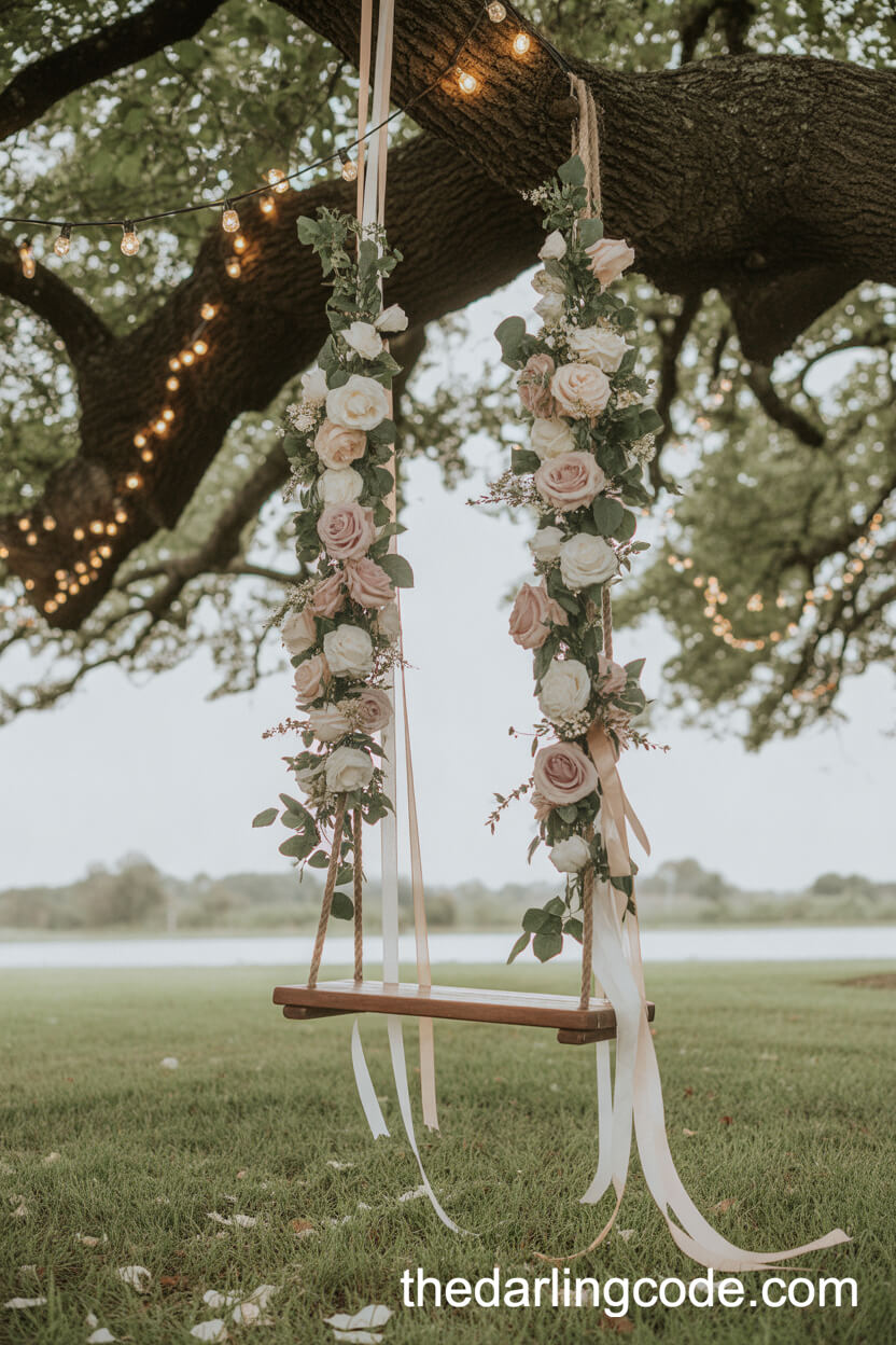 Floral Swing Decorated With Roses And Ribbons