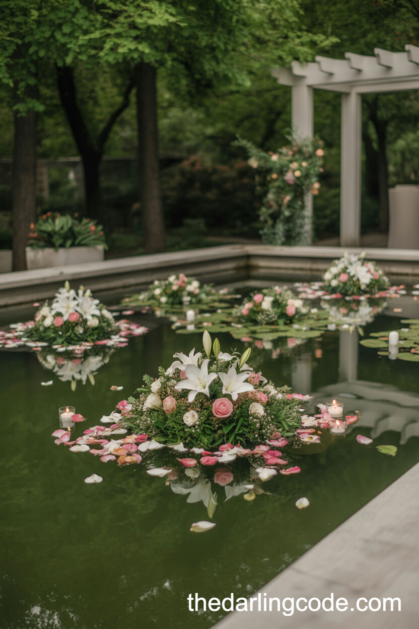 Pond With Floating Lilies Roses And Candles