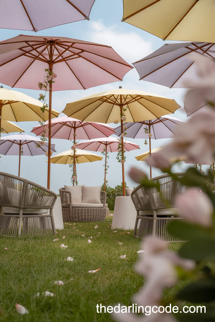 Pastel Umbrella Canopy With Flower-Adorned Guest Seating