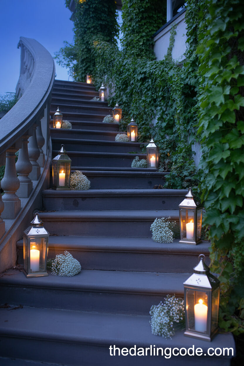 Lantern-Lined Stone Staircase With Ivy And Flowers