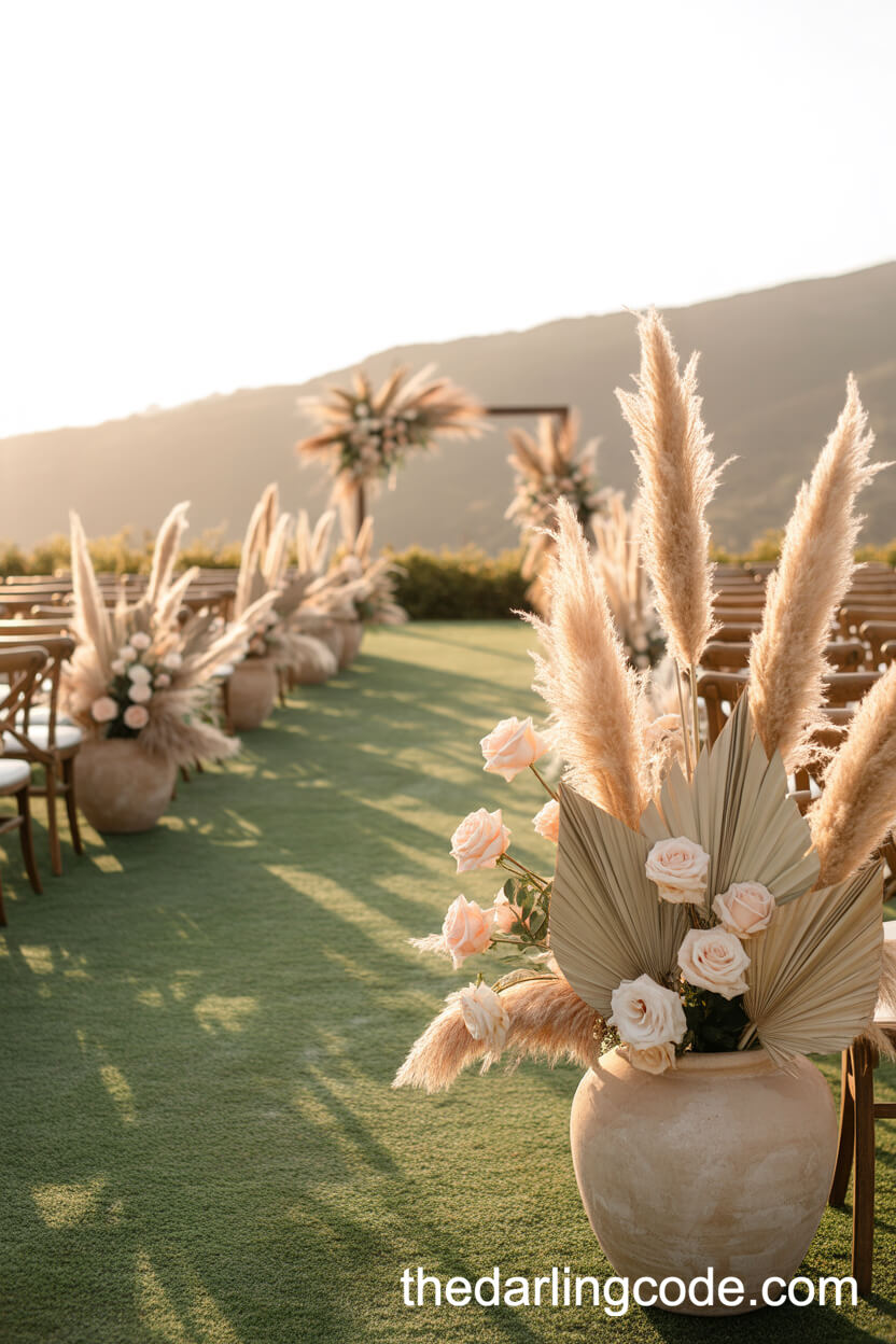 Pampas Grass And Dried Palm Wedding Aisle Arrangements