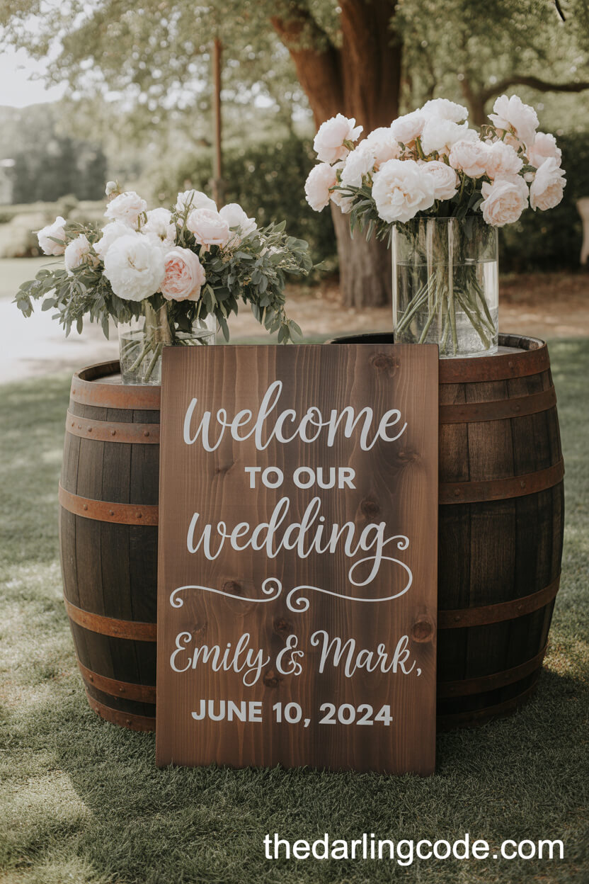 Rustic Wooden Welcome Sign With Floral Barrels