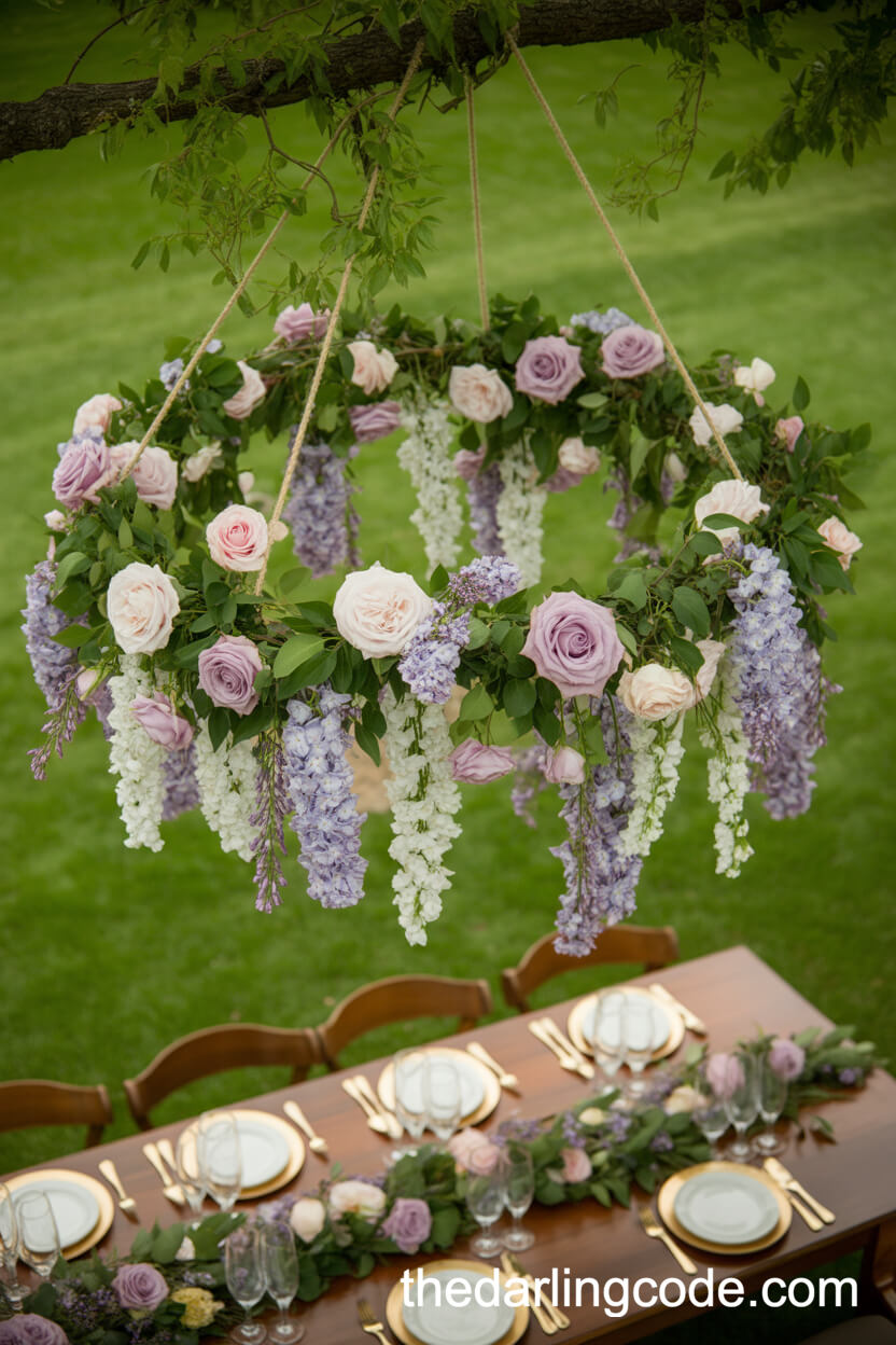 Suspended Floral Chandelier Above Garden Table