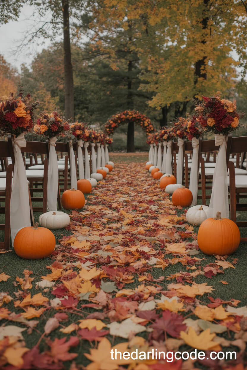 Autumn Leaf-Covered Aisle With Pumpkin Décor