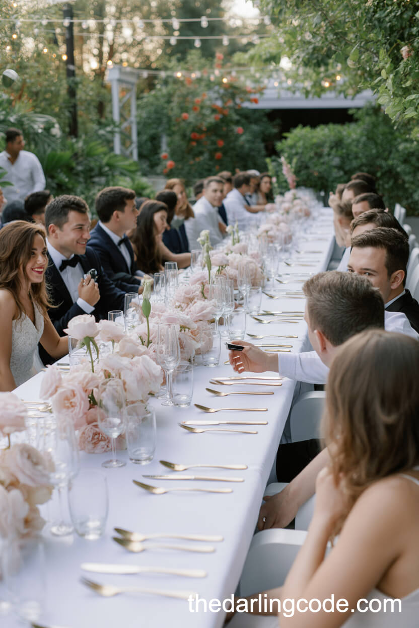 Garden Wedding Reception With Luxurious Banquet Tables And Romantic Florals
