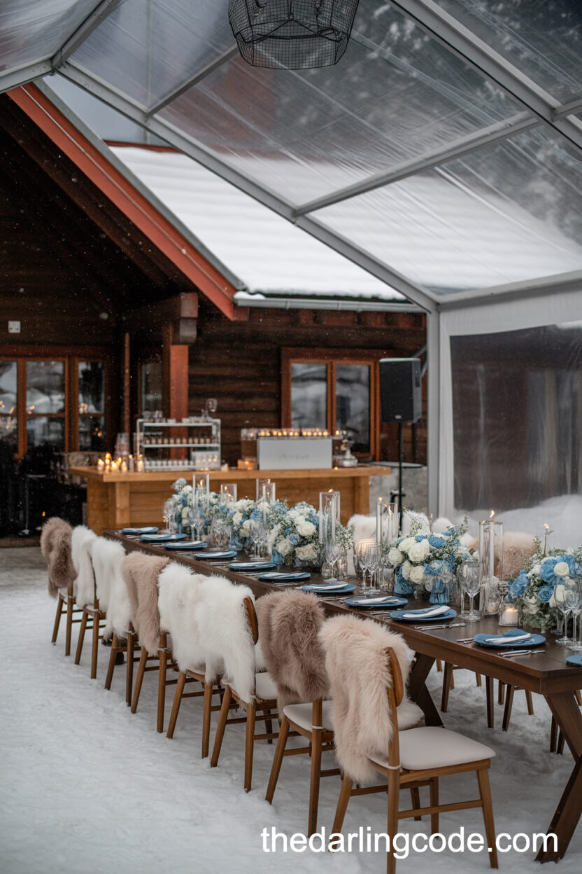 Luxurious Winter Wedding Reception In A Heated Tent Beside A Chalet
