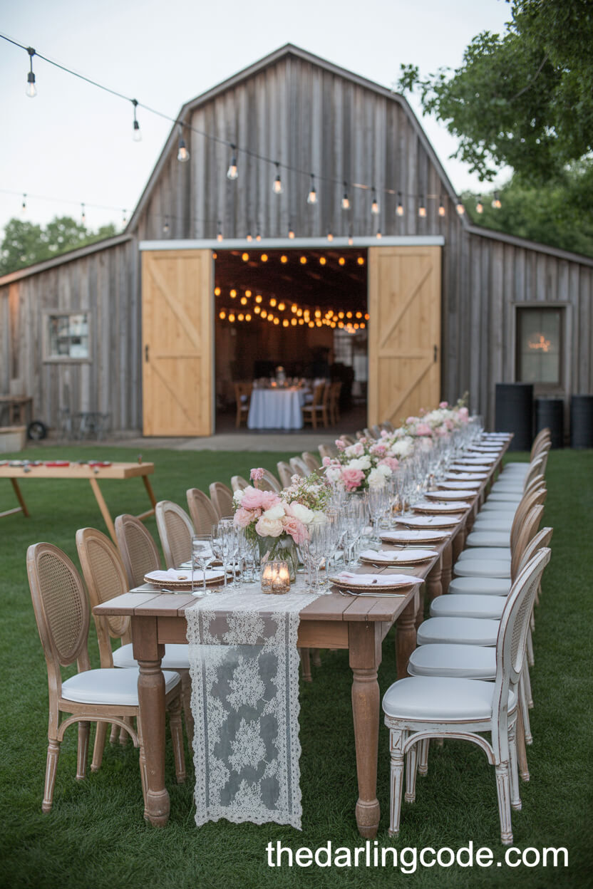 Rustic Barn Wedding Reception With Vintage Details And Romantic Lighting