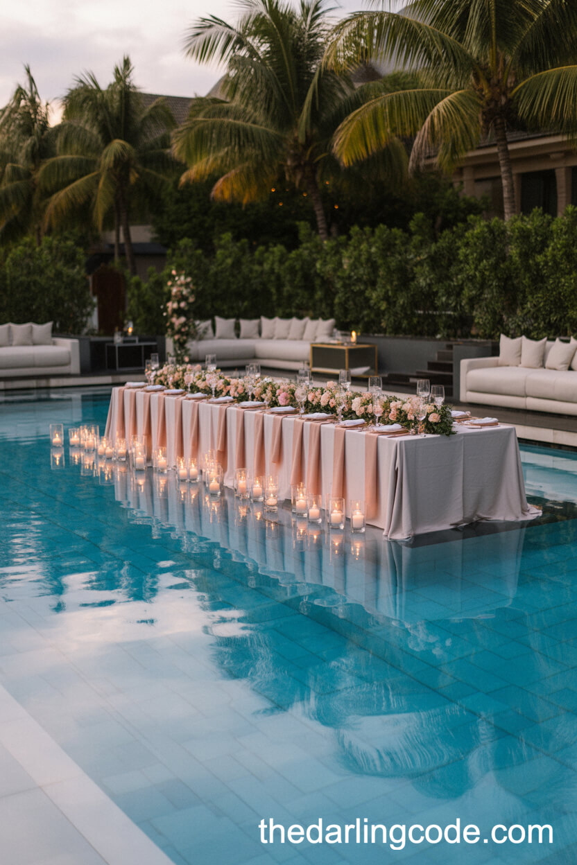 Poolside Wedding Reception With Floating Floral Centerpieces