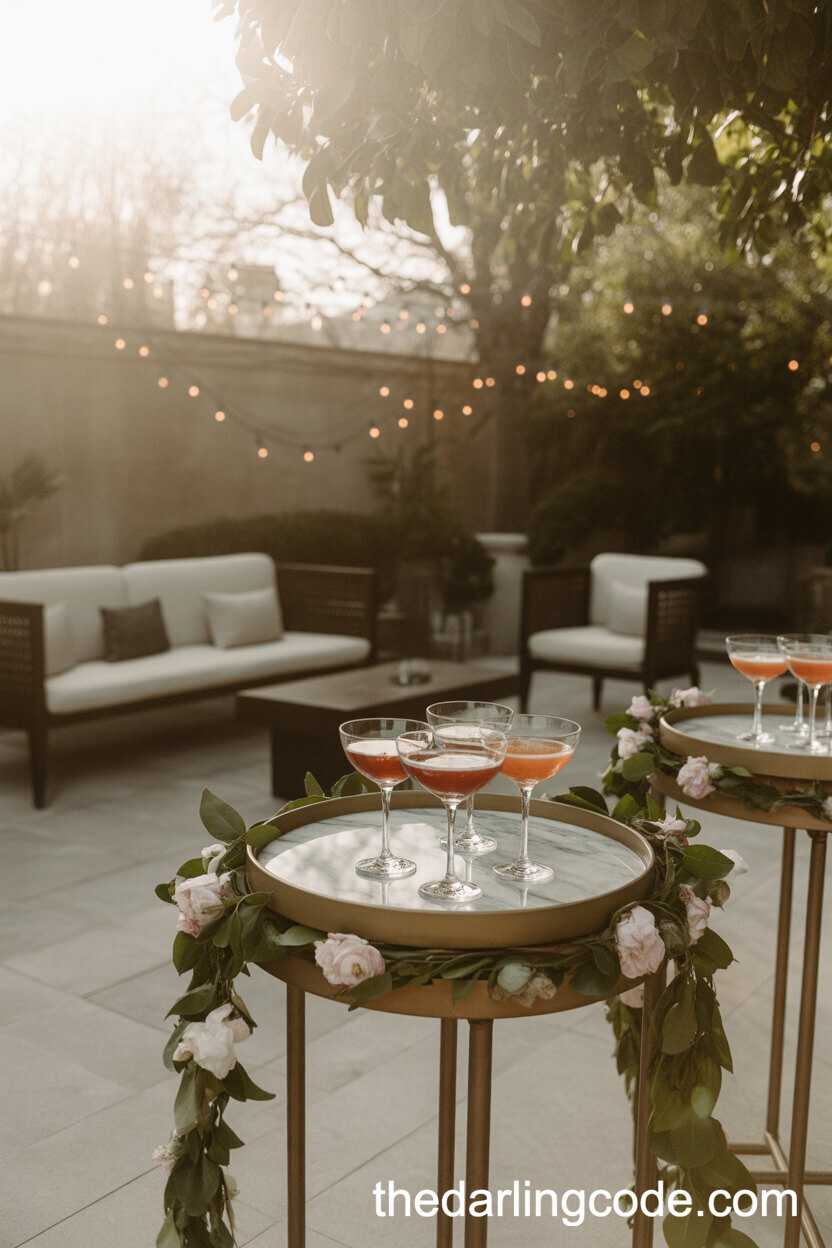 Chic Garden Cocktail Hour With Signature Drinks And Floral Decor