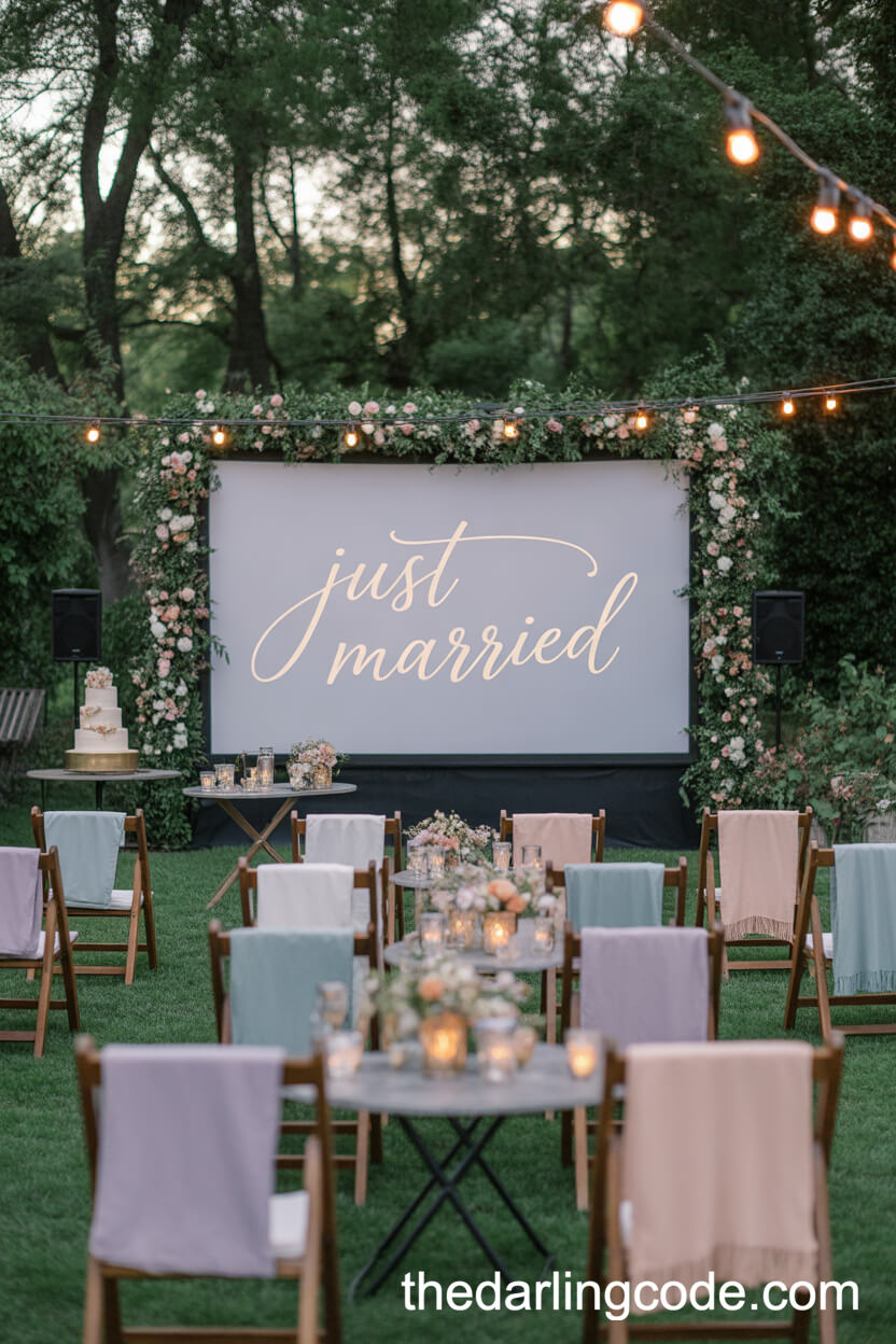 Twilight Garden Movie Night Wedding Reception With Vintage Charm
