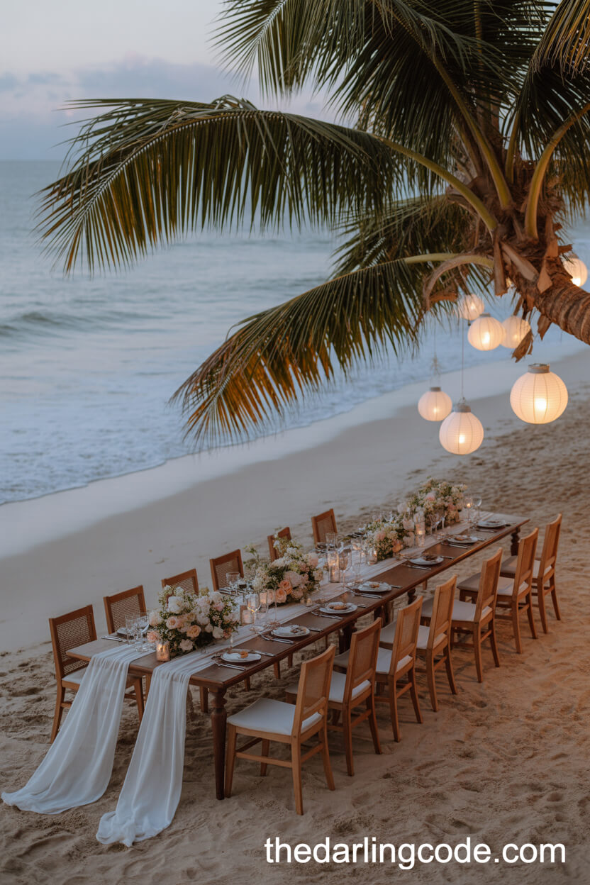 Elegant Beach Wedding Reception With Lantern-Lit Tables On The Sand