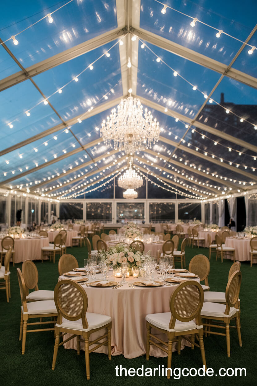 Glamorous Reception Under A Clear-Top Tent With Chandeliers And String Lights