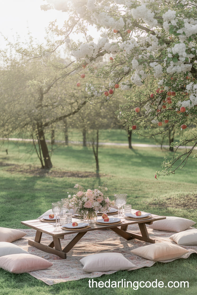 Spring Orchard Wedding Reception With Picnic-Style Seating And Pastel Accents