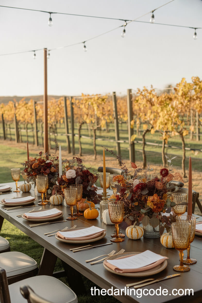 Autumn Vineyard Wedding Reception With Rustic Tables And Warm Seasonal Decor