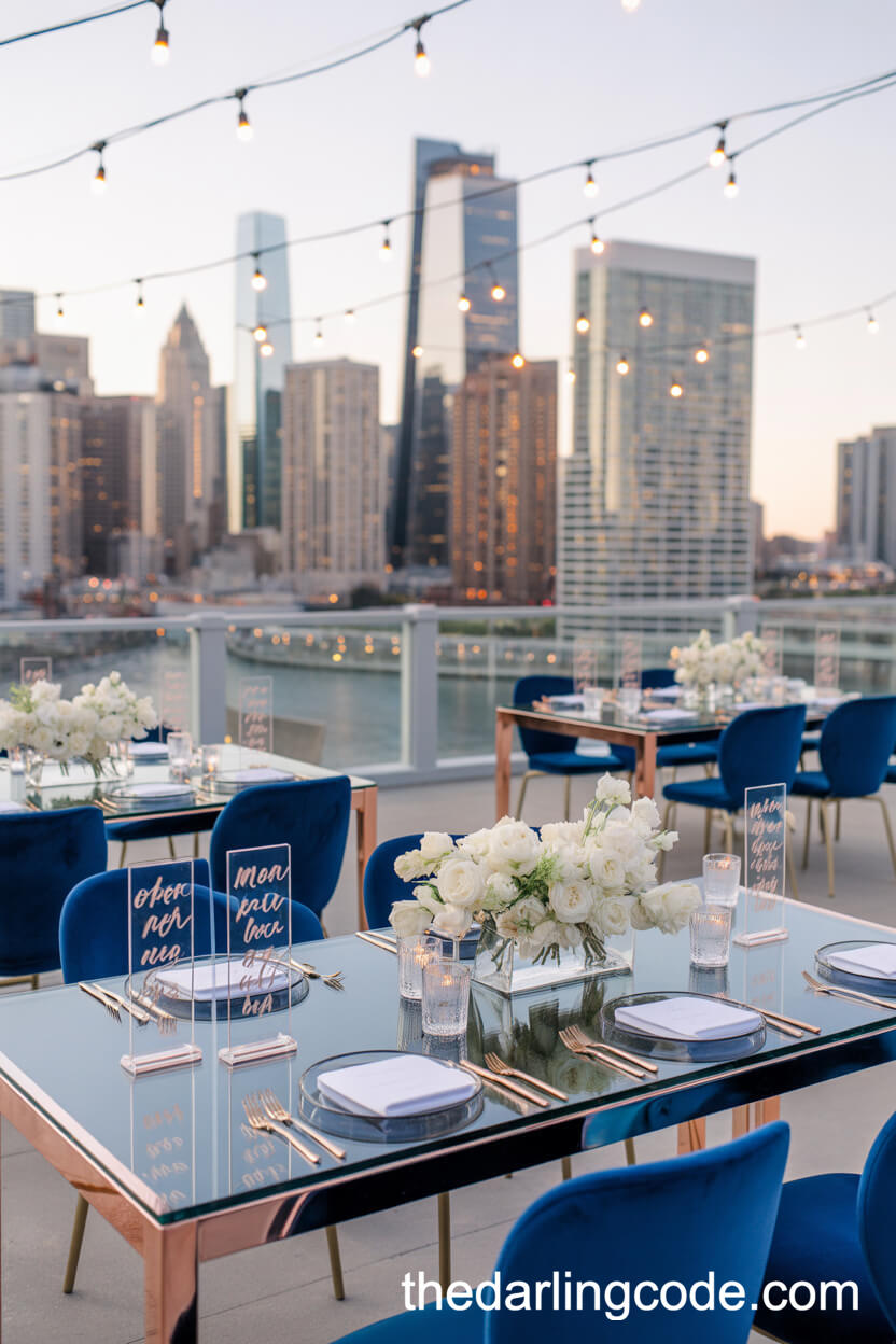 Modern Rooftop Wedding Reception Overlooking The City Skyline