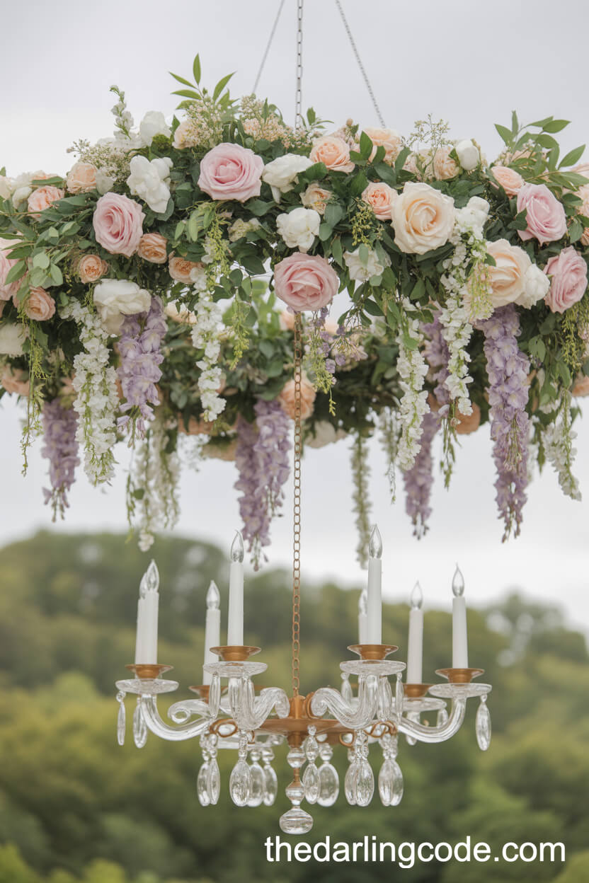 Floral Chandelier Of Hanging Roses And Wisteria Overhead