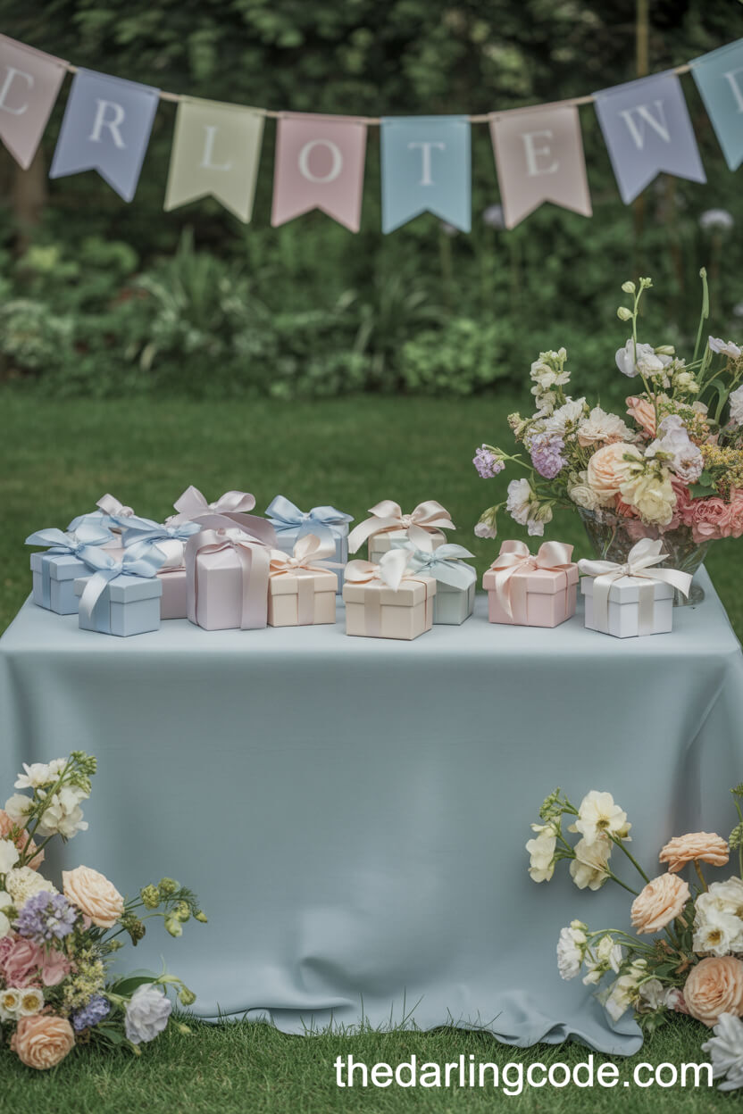 Pastel Favor Table Decorated With Silk Bows And Seasonal Flowers