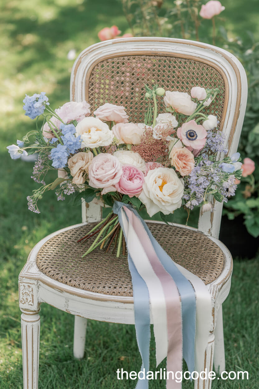 Lush Pastel Bridal Bouquet On A Vintage Garden Chair