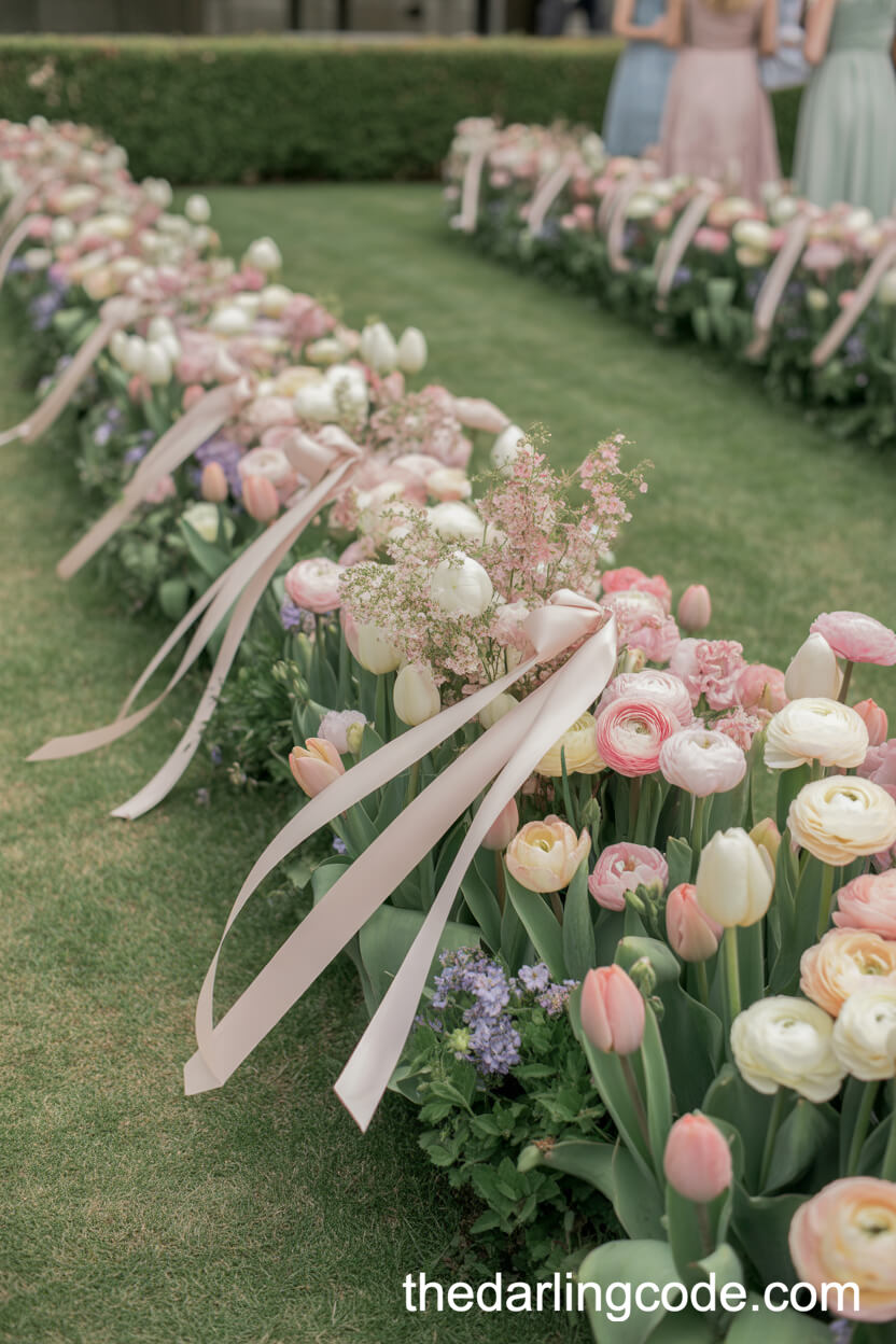 Romantic Garden Aisle With Pastel Florals And Flowing Ribbons