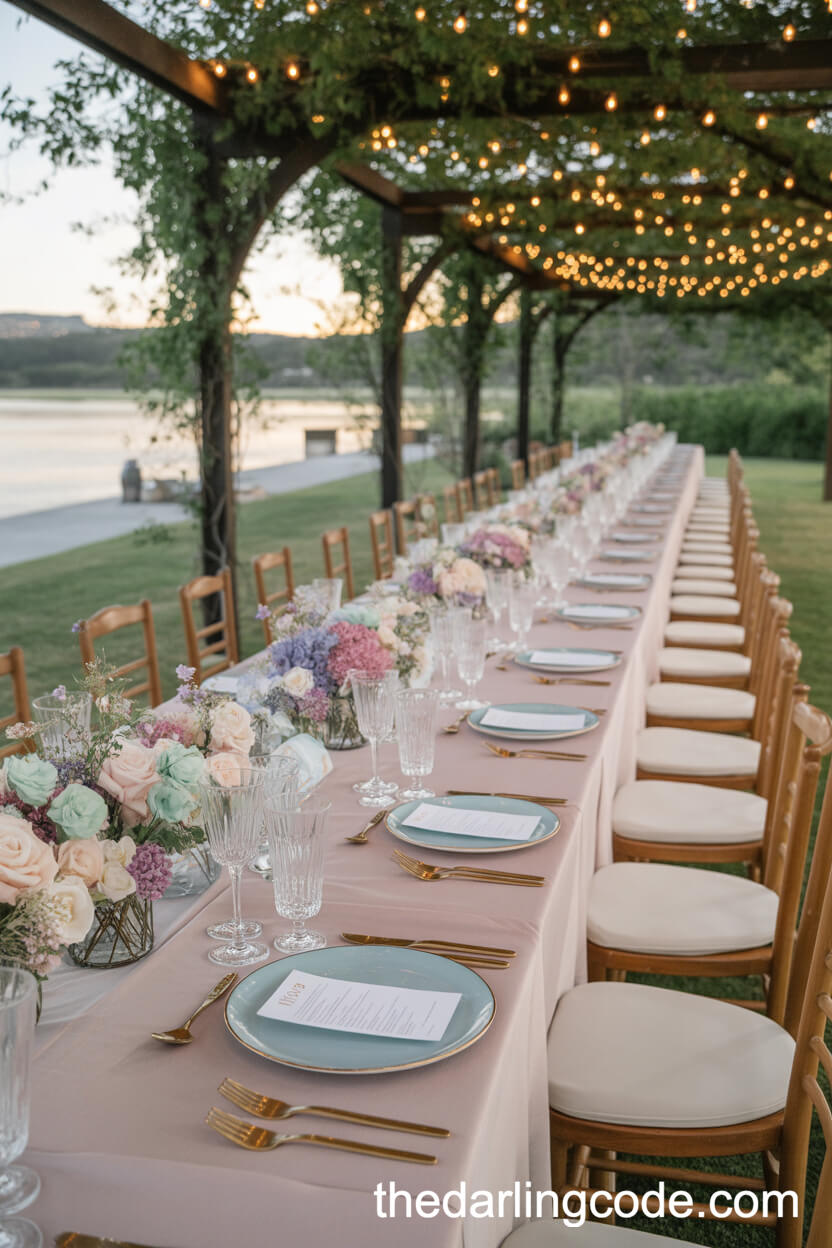 Elegant Reception Table Beneath A Blossoming Garden Arbor
