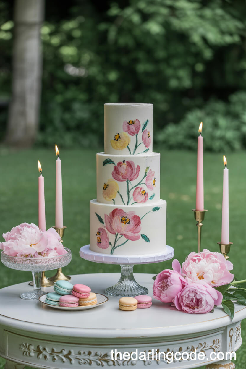 Pastel Wedding Cake Display Surrounded By Lush Garden Blooms