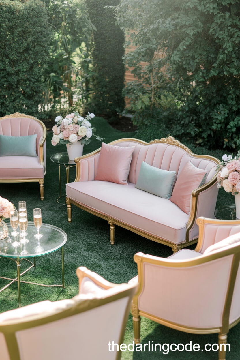 Outdoor Garden Lounge With Plush Pastel Seating And Florals