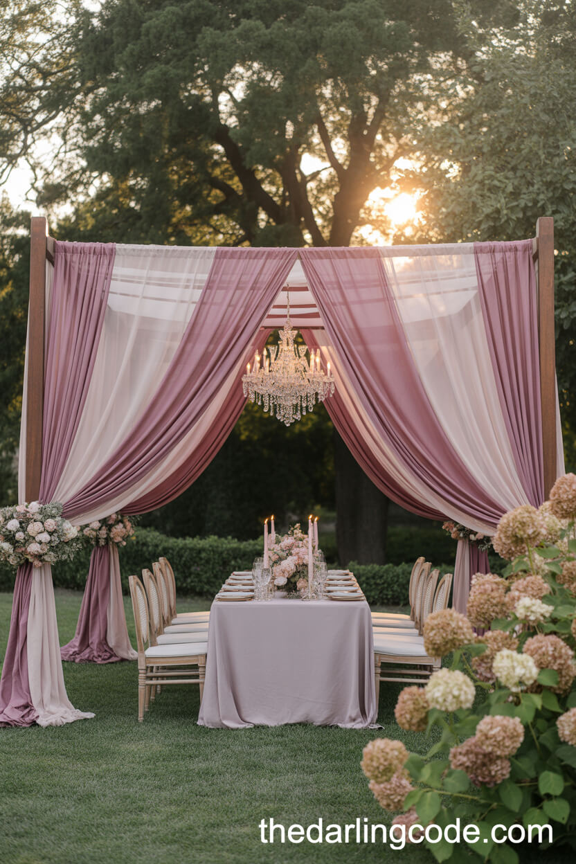 Blush Silk Canopy Dining Experience In A Late Summer Garden