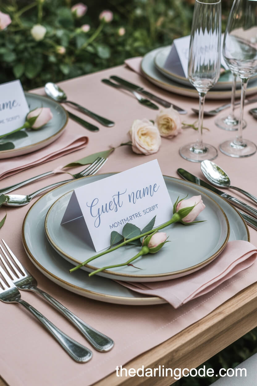 Chic Pastel Table Settings With Custom Calligraphy Place Cards