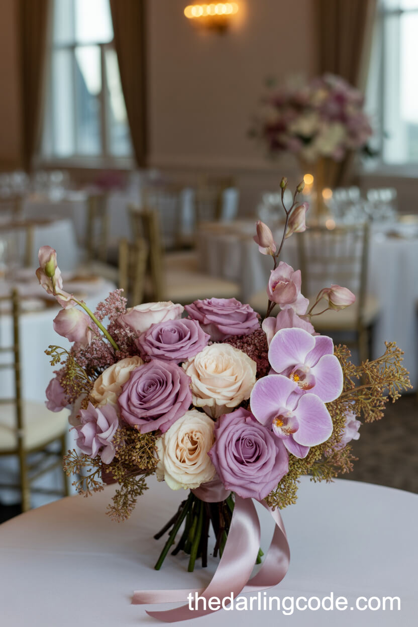 Mauve Rose And Gold-Accented Ballroom Wedding Bouquet