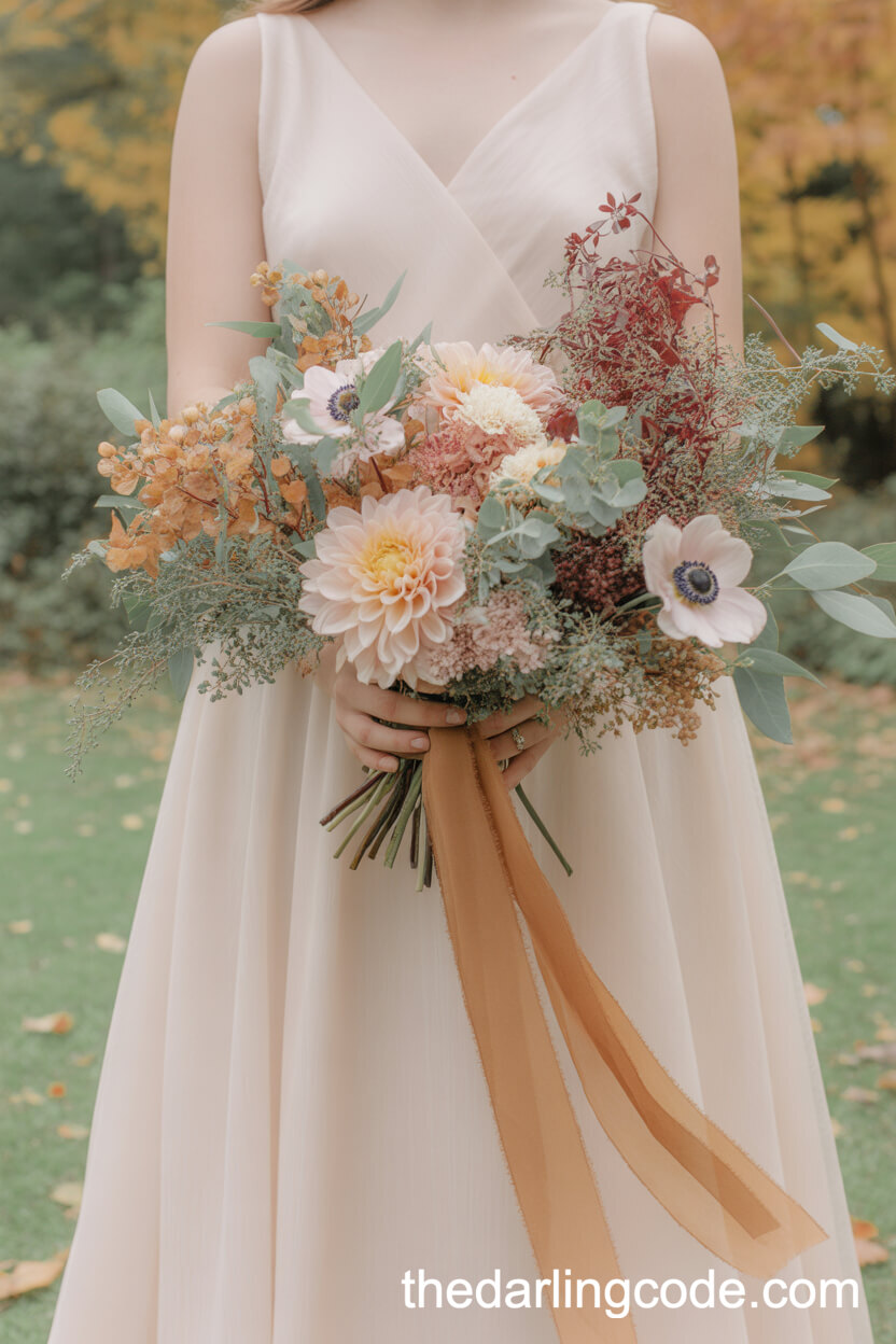 Pastel Peach Dahlia And Sage Eucalyptus Autumn Bouquet