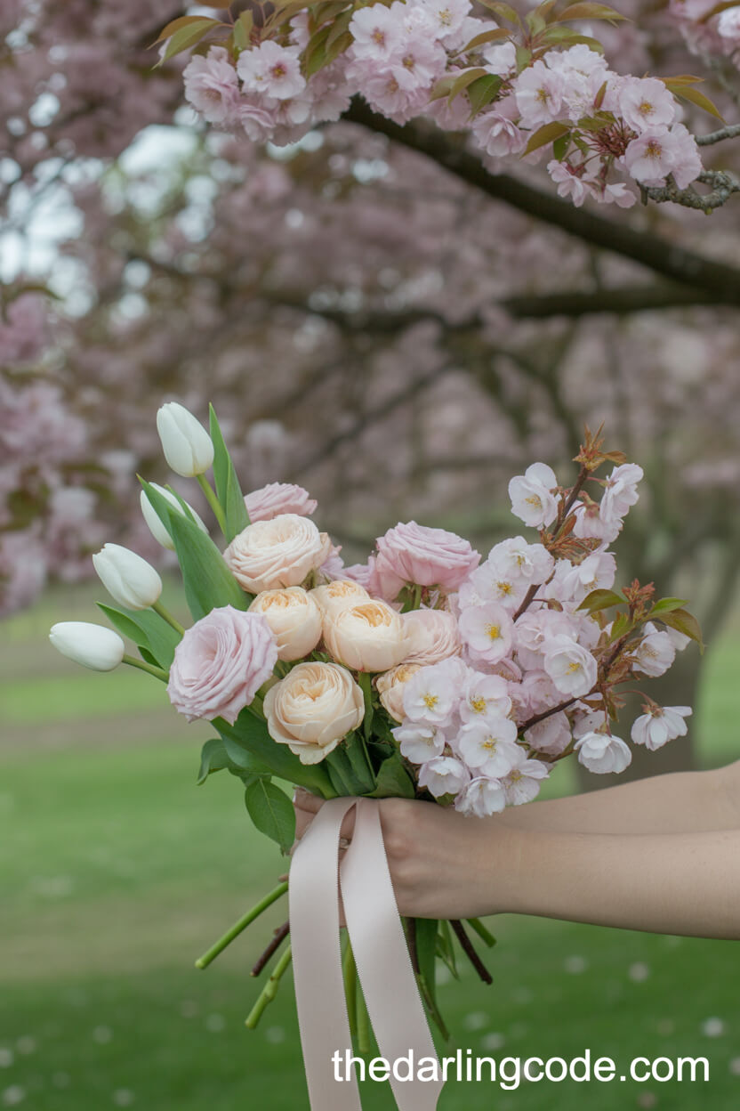 Cherry Blossom And Pale Peach Rose Spring Orchard Bouquet